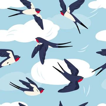Flying swallows seamless pattern. Repeated little birds with red breasts Stock Illustration