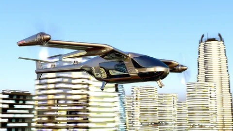 Flying Taxy Drone Going Through the City. 4k 3d animation Stock Footage 82777158