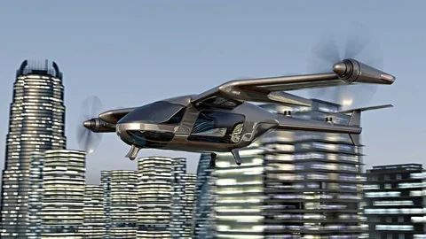 Flying Taxy Drone Going Through the City. 4k 3d animation Stock Footage 82777322