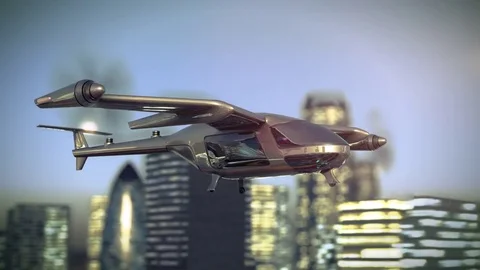 Flying Taxy Drone Going Through the City. 4k 3d animation Stock Footage 82777525