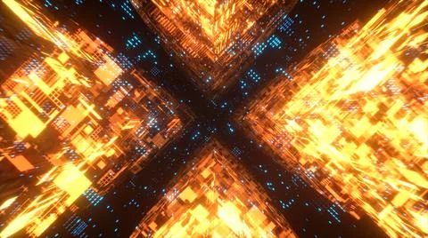 Flying in technological cyber space. Sci-fi spaceship tunnel. Futuristic Illustrazione stock