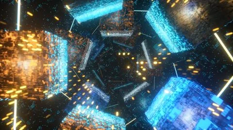 Flying in technological cyber space. Sci-fi spaceship tunnel. Futuristic Illustrazione stock