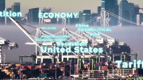 Flying text over container terminal symbolizes global political risks and Stock Footage 306923702