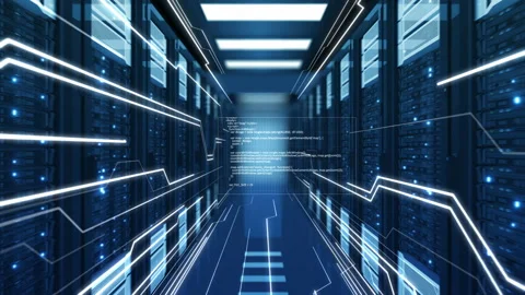 Flying Through Abstract Blue Data Center Server Racks with Stream Lines and Stock Footage 97184069