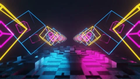 Flying through abstract endless composition with glowing cubic wireframes. loope Video stock 233063716