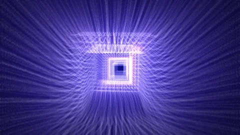 Flying through abstract square tunnel made of smooth purple blue particle waves Stock Footage 259933759