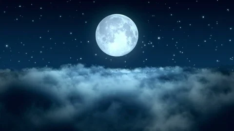 Flying through and above Clouds with Full Moon | Seamless Loop | Blue Stock Footage 74841577