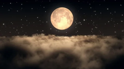 Flying through and above Clouds with Full Moon | Seamless Loop | Amber Brown Stock Footage 74862869