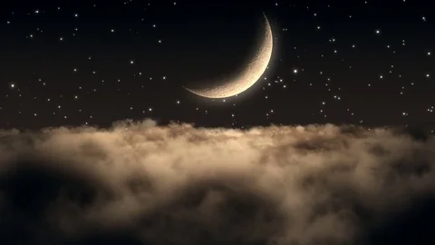 Flying through and above Clouds with Crescent Moon | Seamless Loop | Amber Brown Video stock 74863915