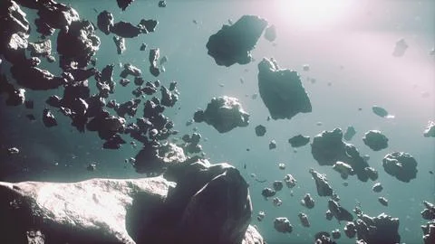 Flying through the asteroid belt in outer space Stock Illustration