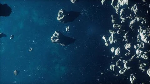 Flying through the asteroid belt in outer space Stock Illustration