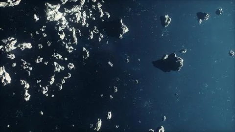 Flying through the asteroid belt in outer space Stock Illustration