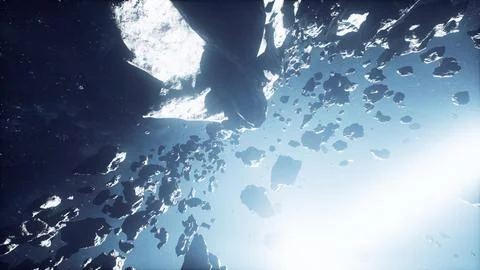 Flying through the asteroid belt in outer space Stock Illustration