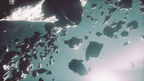 Flying through the asteroid belt in outer space Stock Illustration