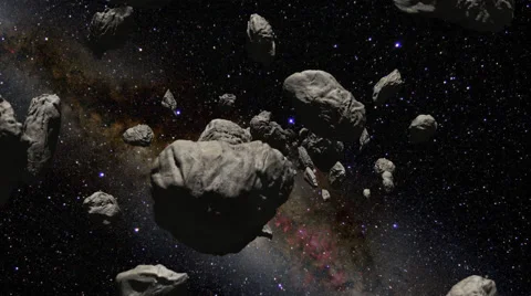 Flying through an asteroid cluster Stockbeeldmateriaal 67401252
