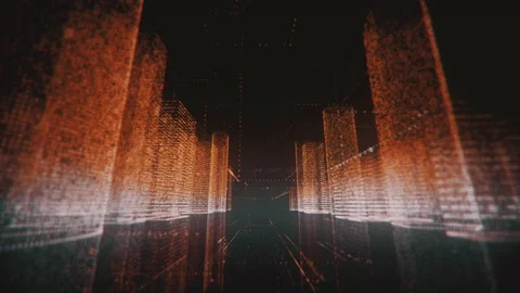 Flying through beautiful neon digital model of abstract modern city made of Stock Footage 150259778