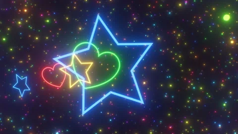 Flying Through Beautiful Neon Rainbow Hearts and Stars Glow Tunnel Stock Footage 242533805