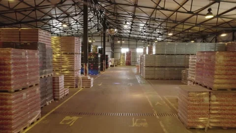 Flying through the big brewery warehouse Stock Footage 231729876