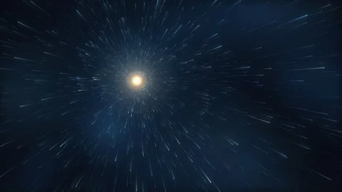 Flying through blue warp speed star streaks toward glowing golden light Stock Footage 347382896