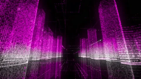 Flying through bright neon digital model of abstract modern city made of symbols Stock Footage 163907669