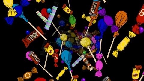 Flying Through Cartoon Candy on Black Stock Footage 124648722