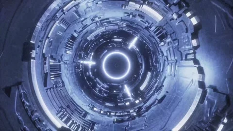 Flying through a circular neon sci-fi tunnel with glowing rings Stock Footage 346780419