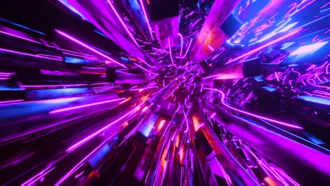 Flying through a circular tunnel with neon purple lights. Infinitely looped Stock Footage 174855205