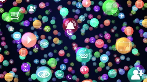 Flying through a cloud of Icons of fictional mobile Apps Concept 3D Animation Stock Footage 316674257
