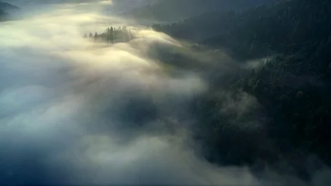 Flying through the clouds above mountain tops. High peaks wonderful morning Stock Footage 98314956