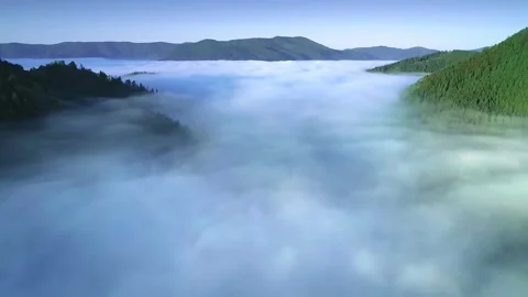 Flying through the clouds above mountain tops. Forest in a morning fog Vidéo 154064724