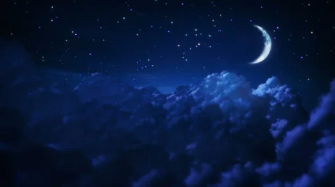 Flying through clouds at night. Loopable. First quarter moon. Stock Footage