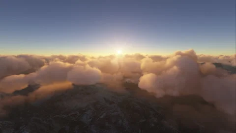 Flying through the clouds at sunrise in the mountains. Video stock 198622752