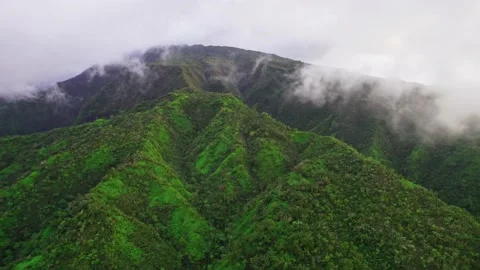 Flying through clouds on a tropical volcanic island. Aerial view of Tahiti. Stock Footage 166203691