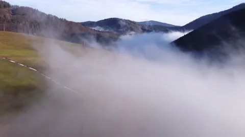 Flying through clouds,fog in a forest valley over grassy meadows,Landscape Stock Footage 235307635