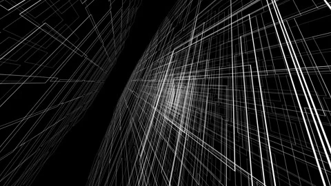 Flying through a complex 3D wired grid construction in black space Stock Footage 313116455