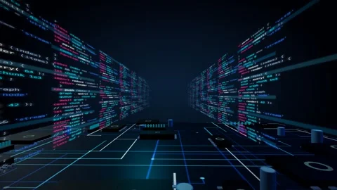 Flying through a corridor of code over a cyan circuit board data bus 3D Видео 340201447