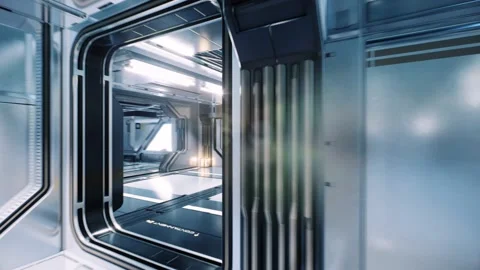 Flying through a corridor of a spaceship, realistic 3d animation. It shows the Stock Footage 171713688