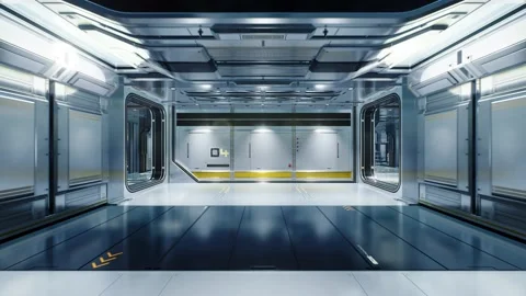 Flying through a corridor of a spaceship, realistic 3d animation. It shows the Stock Footage 171714138