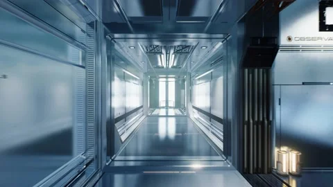 Flying through a corridor of a spaceship, realistic 3d animation. It shows the Stock Footage 171714509