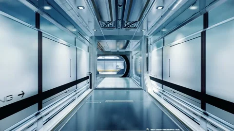 Flying through a corridor of a spaceship, realistic 3d animation. It shows the Stock Footage 171714595