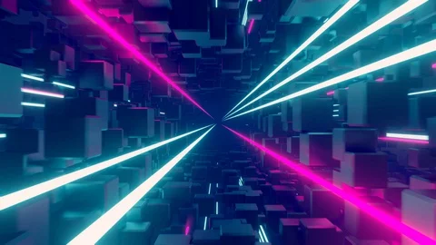 Flying through cube tunnel with glowing neon lines Stock Footage 129772304