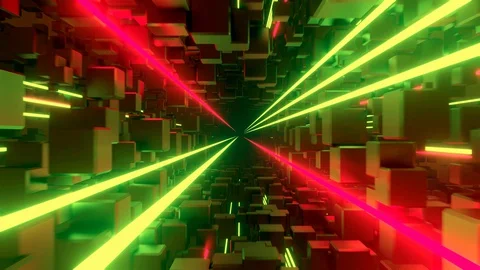 Flying through cube tunnel with glowing neon lines Stock Footage 129787062