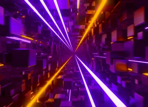 Flying through cube tunnel with glowing neon lines. Stock Illustration