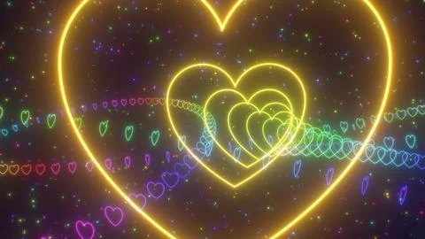 Flying Through Curved Retro Neon Glowing Love Heart Tunnel In Space Stock Illustration
