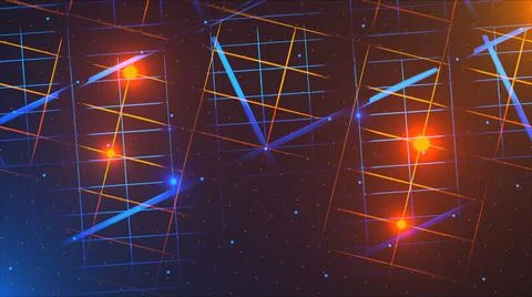 Flying through the data center, effect of neon and illumination, 3d render Illustrazione stock