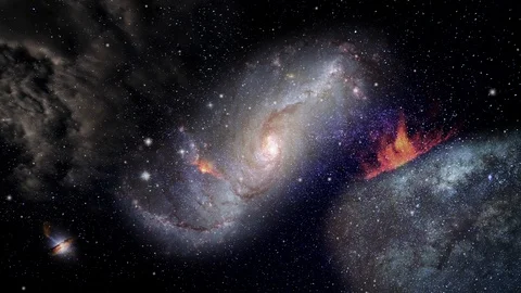 Flying through deep space passing clouds of cosmic dust and galaxies into Stock Footage 94242903