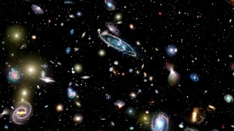 Flying Through The Deep Space Universe With Distant Galaxies Stock-Footage 333739031