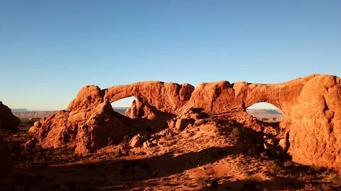 Flying Through Double Arches Park Sunrise 03 4K Drone Stock Footage 92882133