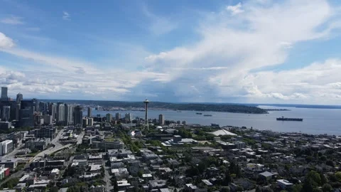 Flying through the downtown Seattle with the space needle and puget sound in the 스톡 동영상 332730488