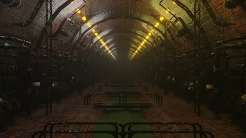 Flying through an endless 3D steampunk tunnel. sewerage with pipes in steampunk  Video stock 233063748